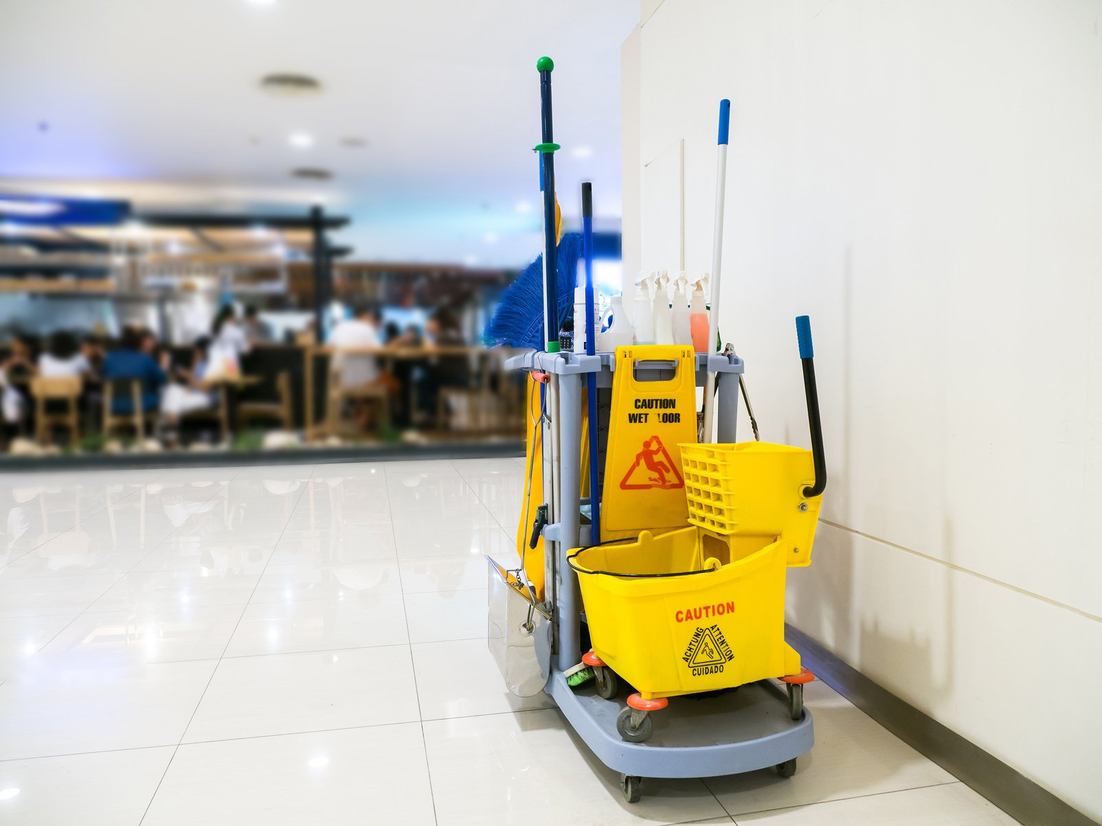 Cleaning tools cart wait for cleaning.Bucket and set of clea